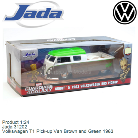 Product 1:24 | Jada 31202 | Volkswagen T1 Pick-up Van Brown and Green 1963
