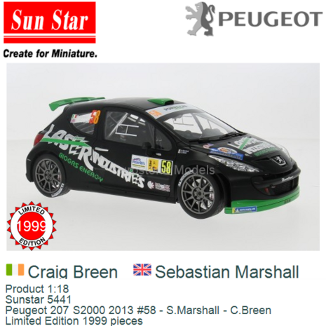 Product 1:18 | Sunstar 5441 | Peugeot 207 S2000 2013 #58 - S.Marshall - C.Breen