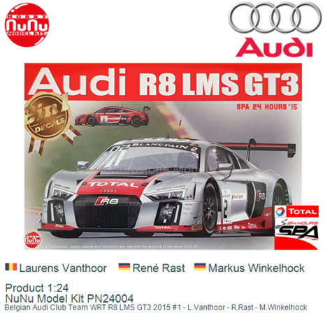 Product 1:24 | NuNu Model Kit PN24004 | Belgian Audi Club Team WRT R8 LMS GT3 2015 #1 - L.Vanthoor - R.Rast - M.Winkelhock