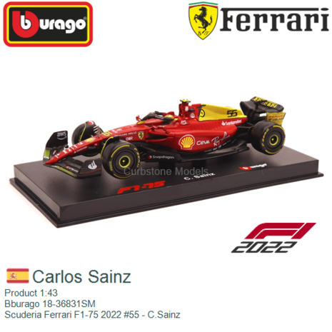 Product 1:43 | Bburago 18-36831SM | Scuderia Ferrari F1-75 2022 #55 - C.Sainz