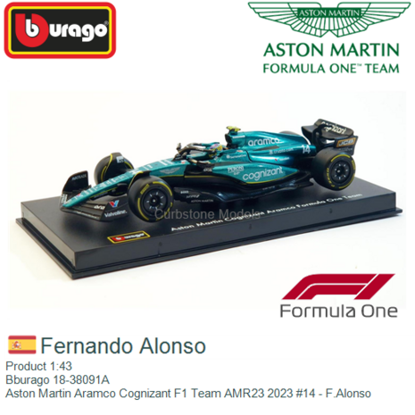 Product 1:43 | Bburago 18-38091A | Aston Martin Aramco Cognizant F1 Team AMR23 2023 #14 - F.Alonso