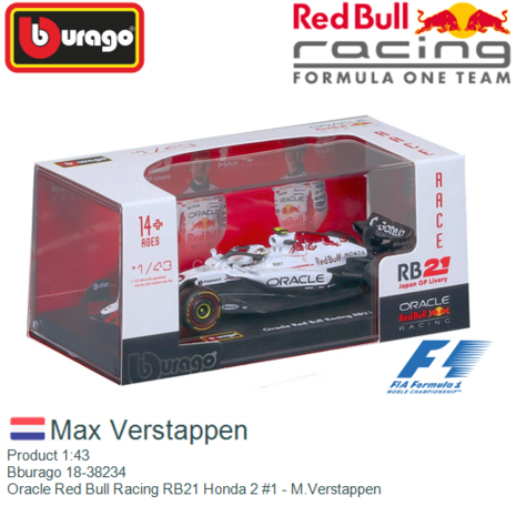 Product 1:43 | Bburago 18-38234 | Oracle Red Bull Racing RB21 Honda 2 #1 - M.Verstappen