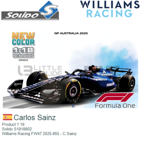 Product 1:18 | Solido S1818802 | Williams Racing FW47 2025 #55 - C.Sainz
