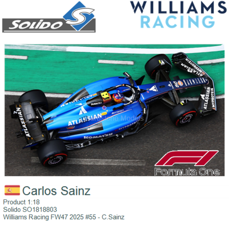 Product 1:18 | Solido SO1818803 | Williams Racing FW47 2025 #55 - C.Sainz