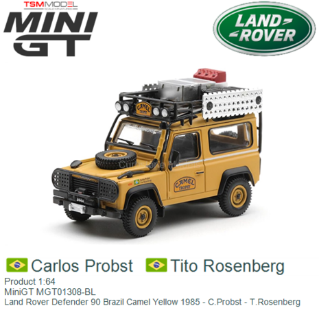 Product 1:64 | MiniGT MGT01308-BL | Land Rover Defender 90 Brazil Camel Yellow 1985 - C.Probst - T.Rosenberg