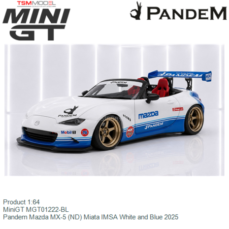 Product 1:64 | MiniGT MGT01222-BL | Pandem Mazda MX-5 (ND) Miata IMSA White and Blue 2025
