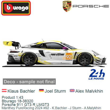 Product 1:43 | Bburago 18-38320 | Porsche 911 GT3 R LMGT3 | Manthey PureRxcing 2024 #92 - K.Bachler - J.Sturm - A.Malykhin