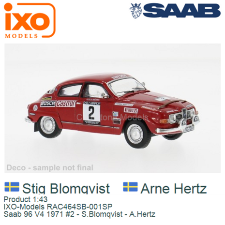Product 1:43 | IXO-Models RAC464SB-001SP | Saab 96 V4 1971 #2 - S.Blomqvist - A.Hertz