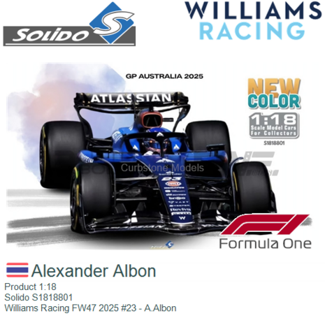 Product 1:18 | Solido S1818801 | Williams Racing FW47 2025 #23 - A.Albon
