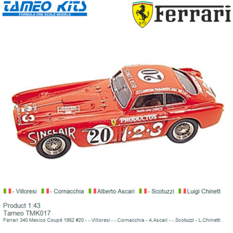 Product 1:43 | Tameo TMK017 | Ferrari 340 Mexico Coup&eacute; 1952 #20 - -.Villoresi - -.Cornacchia - A.Ascari - -.Scotuzzi - L.C