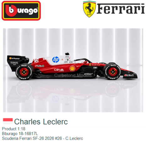 Product 1:18 | Bburago 18-16817L | Scuderia Ferrari SF-26 2026 #26 - C.Leclerc