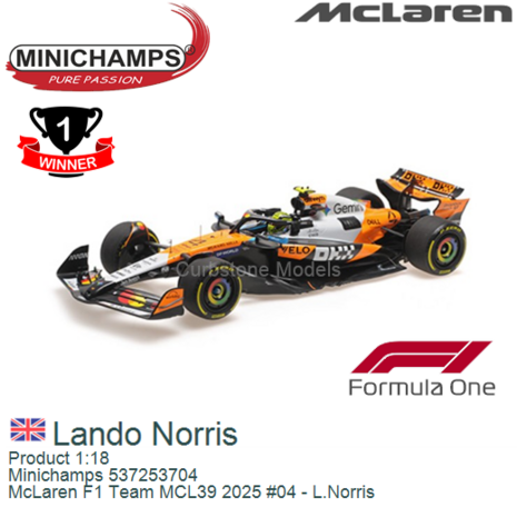 Product 1:18 | Minichamps 537253704 | McLaren F1 Team MCL39 2025 #04 - L.Norris