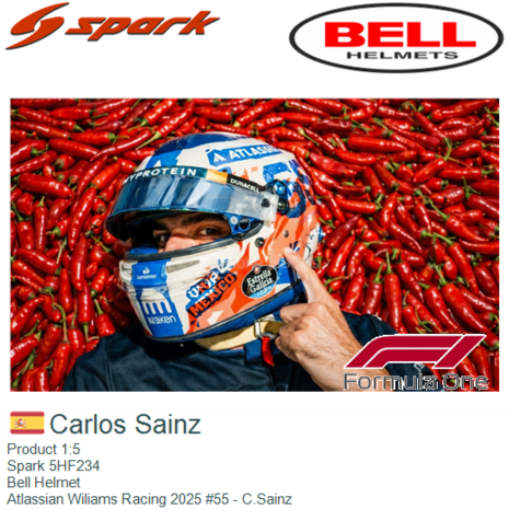 Product 1:5 | Spark 5HF234 | Bell Helmet | Atlassian Wiliams Racing 2025 #55 - C.Sainz