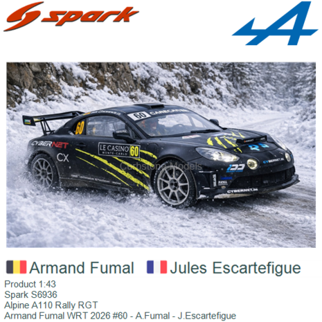 Product 1:43 | Spark S6936 | Alpine A110 Rally RGT | Armand Fumal WRT 2026 #60 - A.Fumal - J.Escartefigue