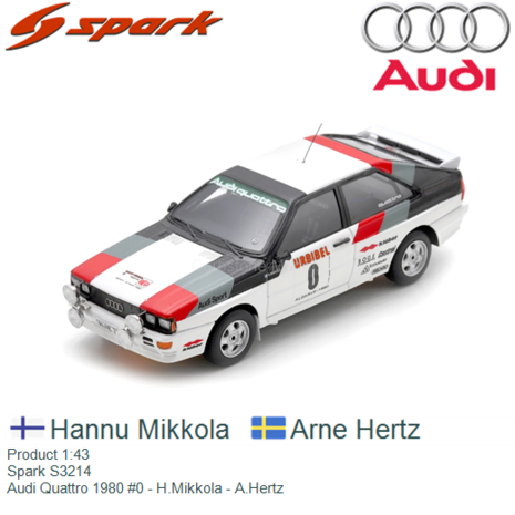 Product 1:43 | Spark S3214 | Audi Quattro 1980 #0 - H.Mikkola - A.Hertz
