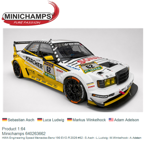 Product 1:64 | Minichamps 640263662 | HWA Engineering Speed Mercedes Benz 190 EVO.R 2026 #62 - S.Asch - L.Ludwig - M.Winkelhock