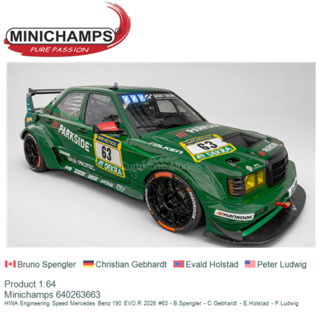 Product 1:64 | Minichamps 640263663 | HWA Engineering Speed Mercedes Benz 190 EVO.R 2026 #63 - B.Spengler - C.Gebhardt - E.Hols