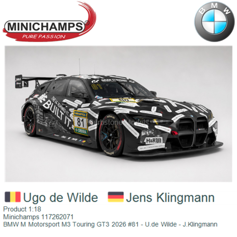 Product 1:18 | Minichamps 117262071 | BMW M Motorsport M3 Touring GT3 2026 #81 - U.de Wilde - J.Klingmann
