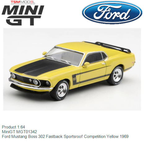 Product 1:64 | MiniGT MGT01342 | Ford Mustang Boss 302 Fastback Sportsroof Competition Yellow 1969