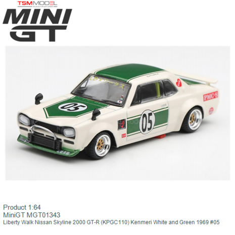 Product 1:64 | MiniGT MGT01343 | Liberty Walk Nissan Skyline 2000 GT-R (KPGC110) Kenmeri White and Green 1969 #05