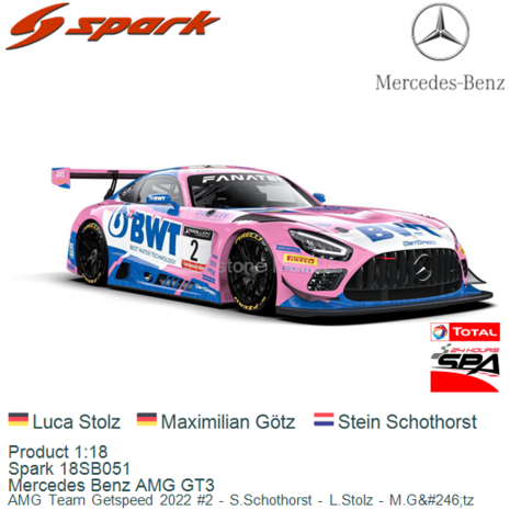 Product 1:18 | Spark 18SB051 | Mercedes Benz AMG GT3 | AMG Team Getspeed 2022 #2 - S.Schothorst - L.Stolz - M.Götz