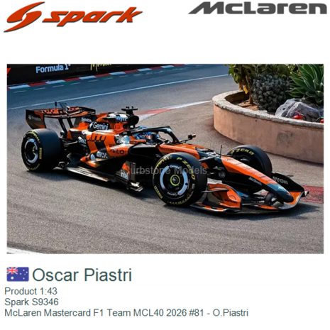 Product 1:43 | Spark S9346 | McLaren Mastercard F1 Team MCL40 2026 #81 - O.Piastri