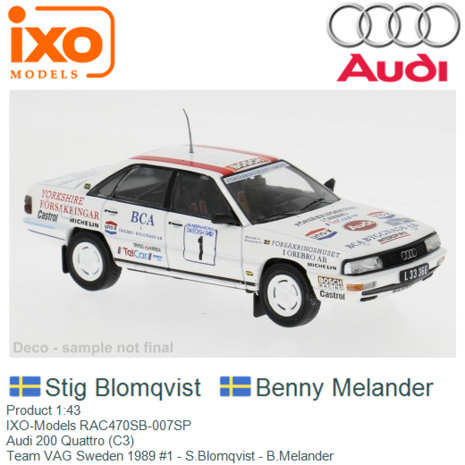 Product 1:43 | IXO-Models RAC470SB-007SP | Audi 200 Quattro (C3) | Team VAG Sweden 1989 #1 - S.Blomqvist - B.Melander