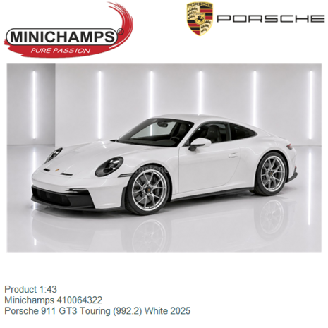 Product 1:43 | Minichamps 410064322 | Porsche 911 GT3 Touring (992.2) White 2025