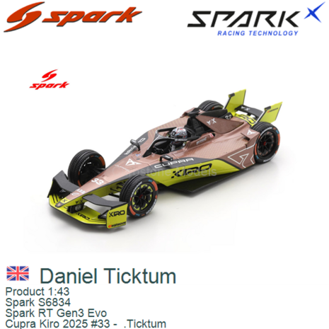 Product 1:43 | Spark S6834 | Spark RT Gen3 Evo | Cupra Kiro 2025 #33 -  .Ticktum