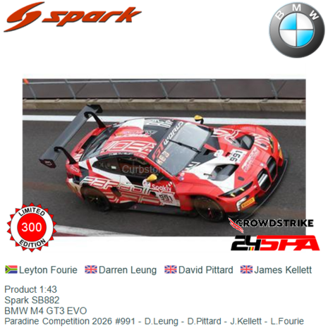 Product 1:43 | Spark SB882 | BMW M4 GT3 EVO | Paradine Competition 2026 #991 - D.Leung - D.Pittard - J.Kellett - L.Fourie