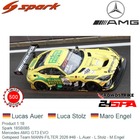 Product 1:18 | Spark 18SB085 | Mercedes AMG GT3 EVO | Getspeed Team MANN-FILTER 2026 #48 - L.Auer - L.Stolz - M.Engel