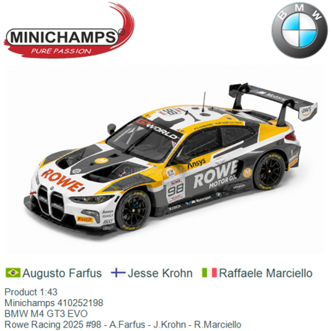 Product 1:43 | Minichamps 410252198 | BMW M4 GT3 EVO | Rowe Racing 2025 #98 - A.Farfus - J.Krohn - R.Marciello