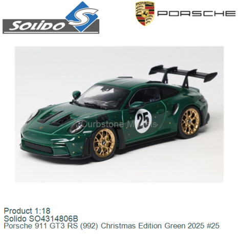 Product 1:18 | Solido SO4314806B | Porsche 911 GT3 RS (992) Christmas Edition Green 2025 #25