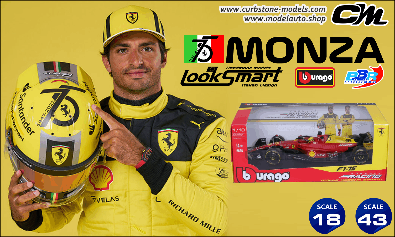 2022 Ferrari F1-75 Carlos Sainz #55 Charles Leclerc #16 Looksmart - Bburago - BBR-Models