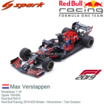 Modelauto 1:18 | Spark 18S459 | Red Bull RB15 | Red Bull Racing 2019 #33 Britain / Silverstone / Test Session Modelauto 1:18 | Spark 18S459 | Red Bull RB15 | Red Bull Racing 2019 #33 Britain / Silverstone / Test Session