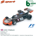 Modelauto 1:43 | Spark S5259 | Brabham BT44 Ford | John Goldie Racing 1974 #28 italië / Autodromo Nazionale Monza Modelauto 1:43 | Spark S5259 | Brabham BT44 Ford | John Goldie Racing 1974 #28 italië / Autodromo Nazionale Monza