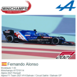 Modelauto 1:43 | Minichamps 417210114 | Alpine A521 Renault | Alpine F1 Team 2021 #14 Bahrain / Circuit Sakhir / Bahrain GP Modelauto 1:43 | Minichamps 417210114 | Alpine A521 Renault | Alpine F1 Team 2021 #14 Bahrain / Circuit Sakhir / Bahrain GP