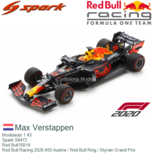 Modelauto 1:43 | Spark S6472 | Red Bull RB16 | Red Bull Racing 2020 #33 Austria / Red Bull Ring / Styrian Grand Prix Modelauto 1:43 | Spark S6472 | Red Bull RB16 | Red Bull Racing 2020 #33 Austria / Red Bull Ring / Styrian Grand Prix