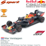 Modelauto 1:43 | Spark S6046 | Red Bull RB15 Honda | Red Bull Racing 2019 #33 Brazil / Sao Paulo / Interlagos / Grand Prix Modelauto 1:43 | Spark S6046 | Red Bull RB15 Honda | Red Bull Racing 2019 #33 Brazil / Sao Paulo / Interlagos / Grand Prix