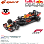 Modelauto 1:43 | Spark S6479 | Red Bull RB16 | Red Bull Racing 2020 #33 Britain / Silverstone / 70th Anniversary GP Modelauto 1:43 | Spark S6479 | Red Bull RB16 | Red Bull Racing 2020 #33 Britain / Silverstone / 70th Anniversary GP