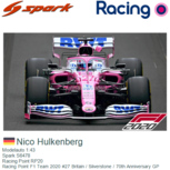 Modelauto 1:43 | Spark S6478 | Racing Point RP20 | Racing Point F1 Team 2020 #27 Britain / Silverstone / 70th Anniversary GP Modelauto 1:43 | Spark S6478 | Racing Point RP20 | Racing Point F1 Team 2020 #27 Britain / Silverstone / 70th Anniversary GP