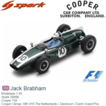 Modelauto 1:43 | Spark S8069 | Cooper T55 | Cooper Climax 1961 #10 The Netherlands / Zandvoort / Dutch Grand Prix Modelauto 1:43 | Spark S8069 | Cooper T55 | Cooper Climax 1961 #10 The Netherlands / Zandvoort / Dutch Grand Prix