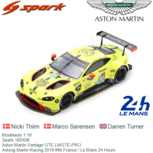 Modelauto 1:18 | Spark 18S438 | Aston Martin Vantage GTE LMGTE-PRO | Astong Martin Racing 2019 #95 France / Le Mans 24 Hours Modelauto 1:18 | Spark 18S438 | Aston Martin Vantage GTE LMGTE-PRO | Astong Martin Racing 2019 #95 France / Le Mans 24 Hours