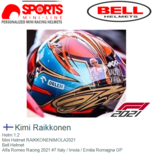 Helm 1:2 | Mini Helmet RAIKKONENIMOLA2021 | Bell Helmet | Alfa Romeo Racing 2021 #7 Italy / Imola / Emilia Romagna GP Helm 1:2 | Mini Helmet RAIKKONENIMOLA2021 | Bell Helmet | Alfa Romeo Racing 2021 #7 Italy / Imola / Emilia Romagna GP