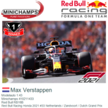 Modelauto 1:43 | Minichamps 410211433 | Red Bull RB16B | Red Bull Racing Honda 2021 #33 Netherlands / Zandvoort / Dutch Grand Prix Modelauto 1:43 | Minichamps 410211433 | Red Bull RB16B | Red Bull Racing Honda 2021 #33 Netherlands / Zandvoort / Dutch Grand Prix