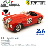 Modelauto 1:43 | Artmodel ART011 | Ferrari 166 MM | Peter Mitchell-Thomson 1949 #22 France / Le Mans 24 Hours Modelauto 1:43 | Artmodel ART011 | Ferrari 166 MM | Peter Mitchell-Thomson 1949 #22 France / Le Mans 24 Hours