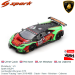 Modelauto 1:43 | Spark SB294 | Lamborghini Huracan GT3 | Grasser Racing Team 2016 #666 - Gavin - Keen - Minshaw - Osborne Modelauto 1:43 | Spark SB294 | Lamborghini Huracan GT3 | Grasser Racing Team 2016 #666 - Gavin - Keen - Minshaw - Osborne