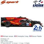 Modelauto 1:43 | Spark S8625 | Ligier JS P217 Gibson | CD Sport 2022 #27 - M.Jensen - C.Cresp - S.Palette Modelauto 1:43 | Spark S8625 | Ligier JS P217 Gibson | CD Sport 2022 #27 - M.Jensen - C.Cresp - S.Palette