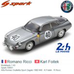 Modelauto 1:43 | Spark S9051 | Alfa Romeo Giullietta Sport Zagato 1962 #40 - K.Foitek - R.Ricci Modelauto 1:43 | Spark S9051 | Alfa Romeo Giullietta Sport Zagato 1962 #40 - K.Foitek - R.Ricci