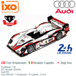 Modelauto 1:43 | IXO-Models LM2004 | Audi R8 | Goh 2004 #5 - T.Kristensen - R.Capello - S.Ara Modelauto 1:43 | IXO-Models LM2004 | Audi R8 | Goh 2004 #5 - T.Kristensen - R.Capello - S.Ara